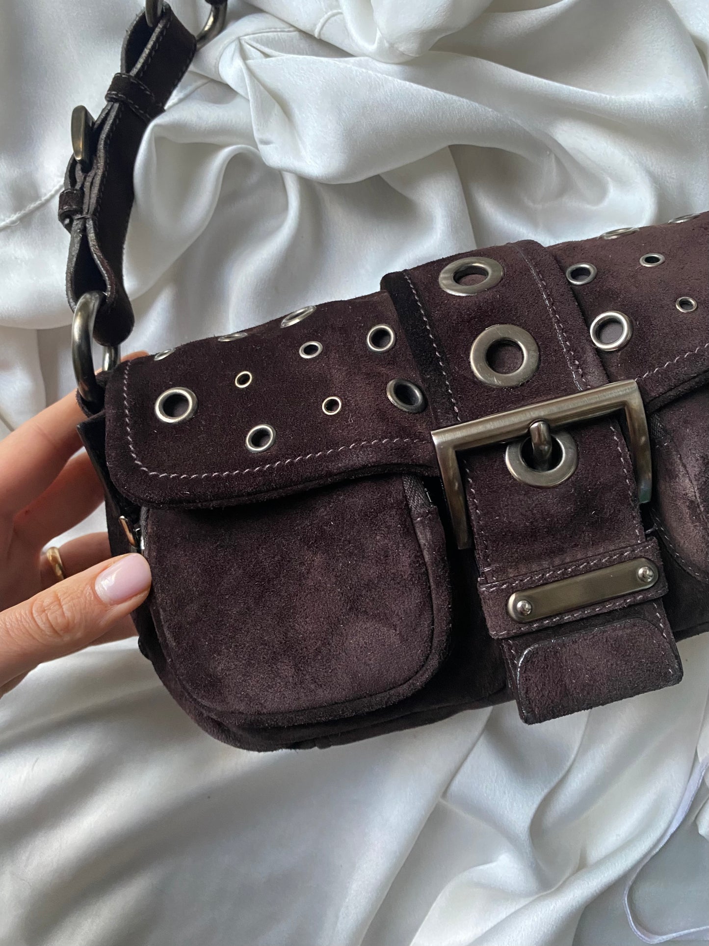 Prada buckle double pocket dark brown in camoscio