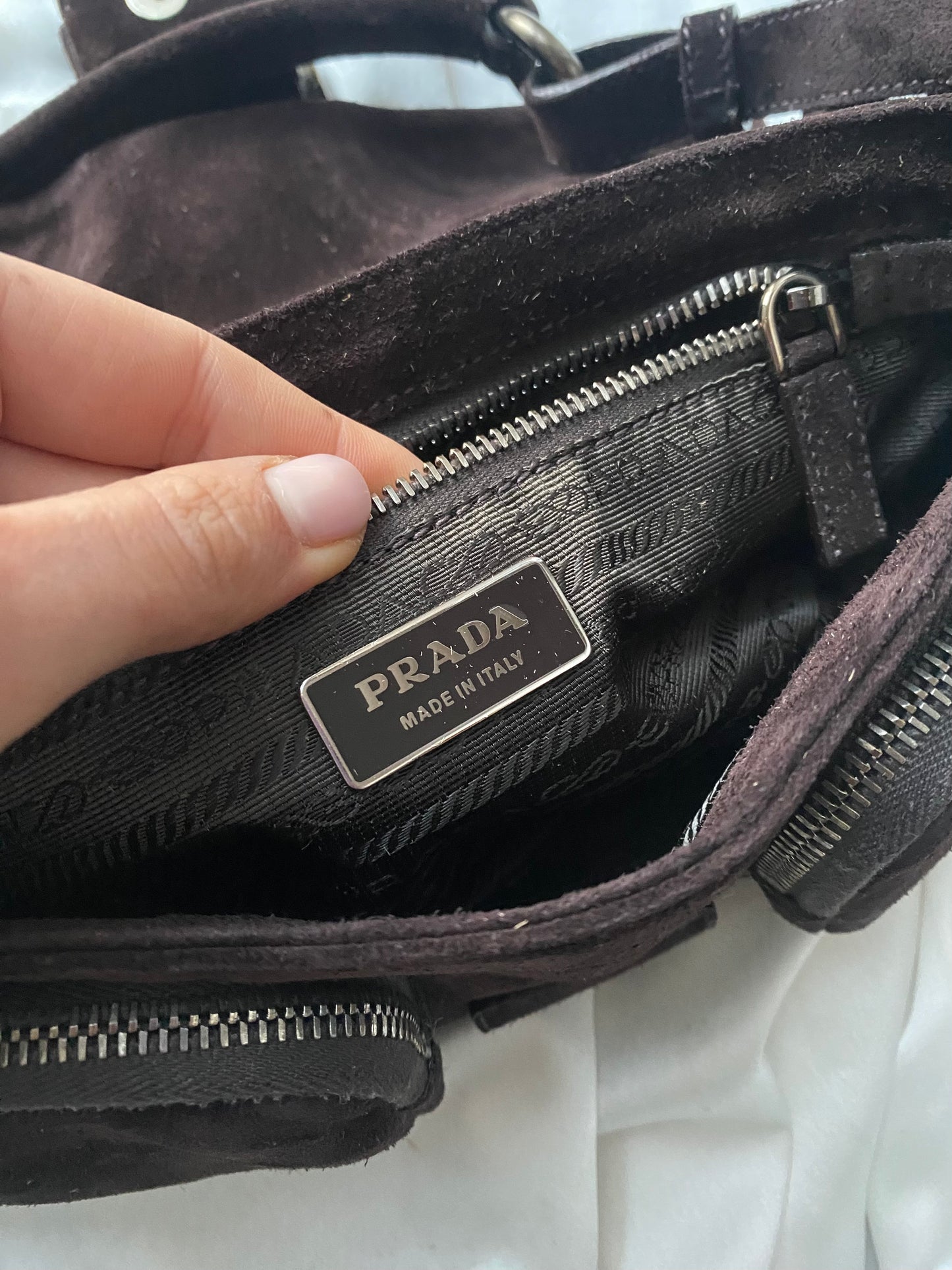 Prada buckle double pocket dark brown in camoscio