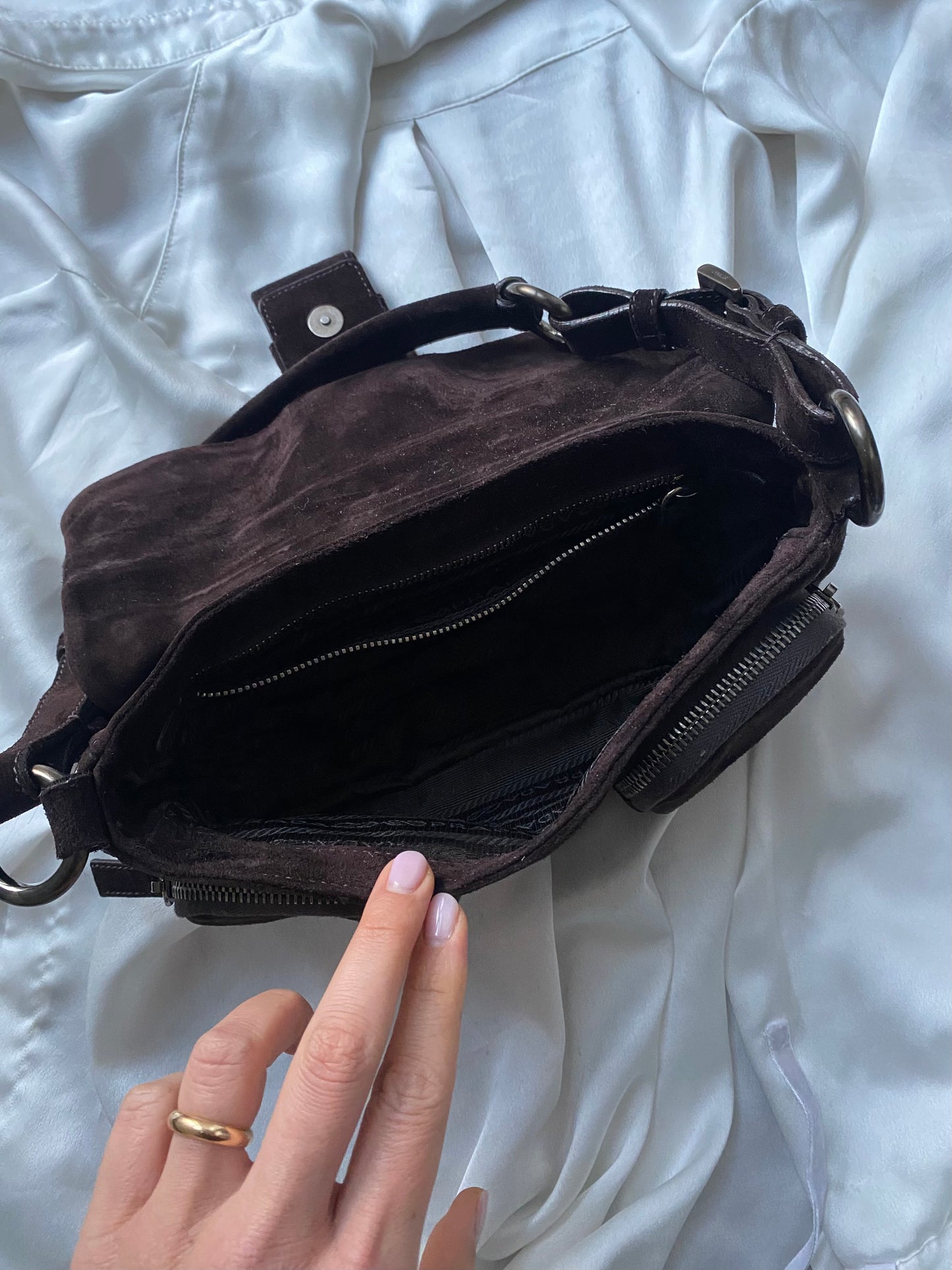Prada buckle double pocket dark brown in camoscio