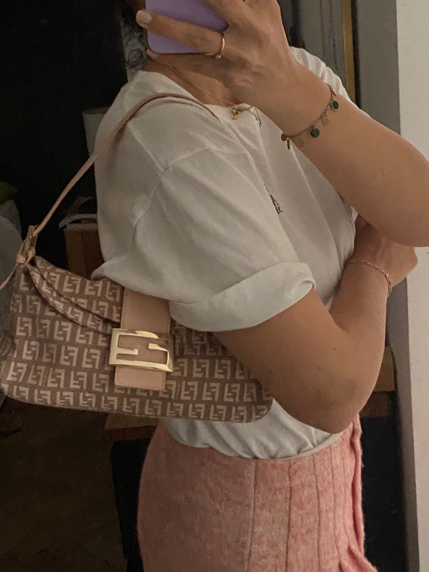 Fendi baguette double flap rosa e beige
