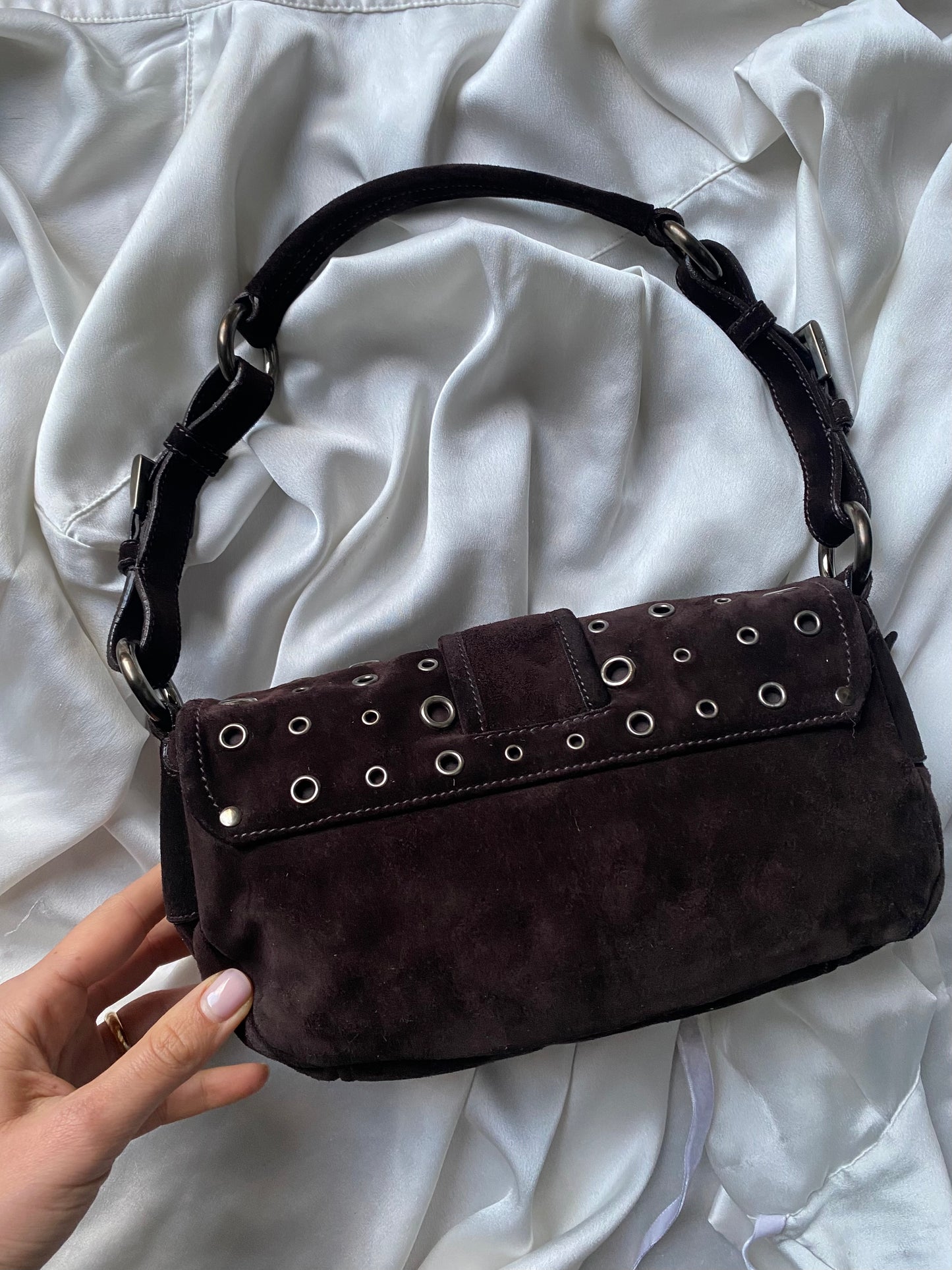 Prada buckle double pocket dark brown in camoscio