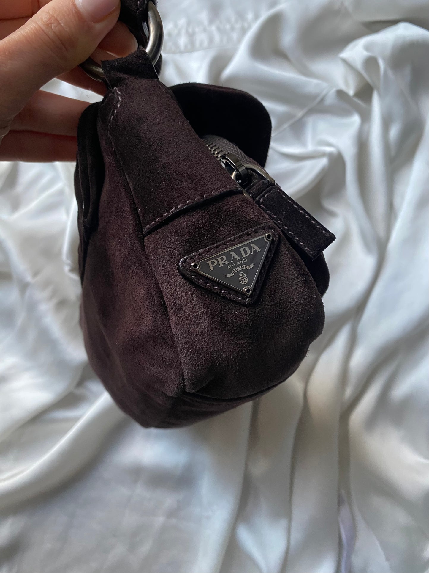 Prada buckle double pocket dark brown in camoscio