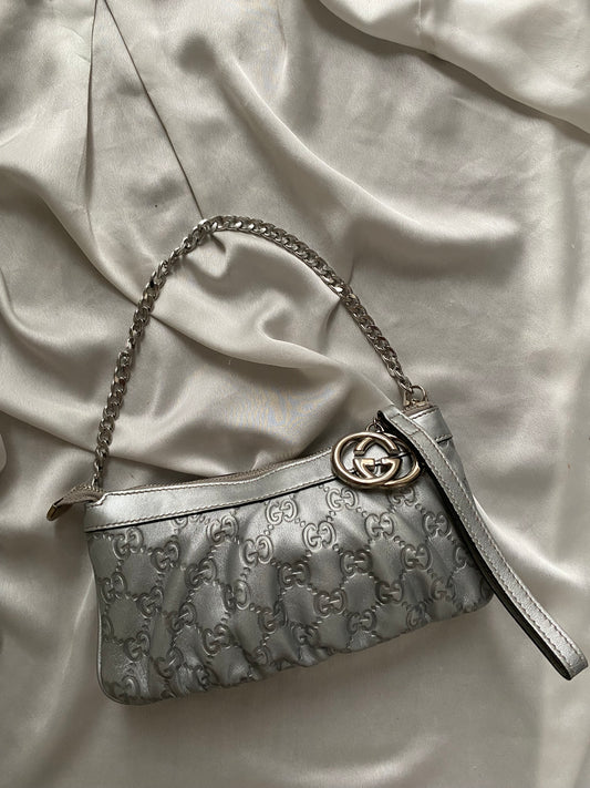 Gucci Pochette monogram pelle argento