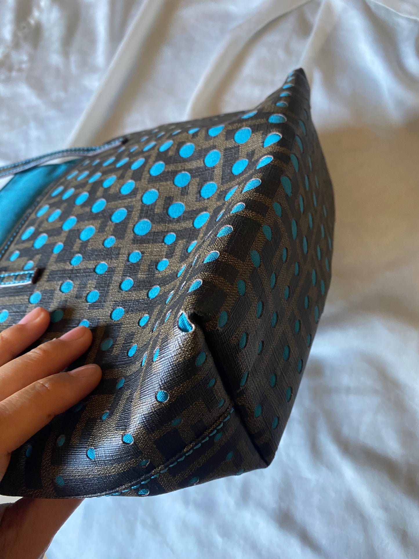 Fendi small roll tote zucca edizione limitata perforated tabacco e pavone