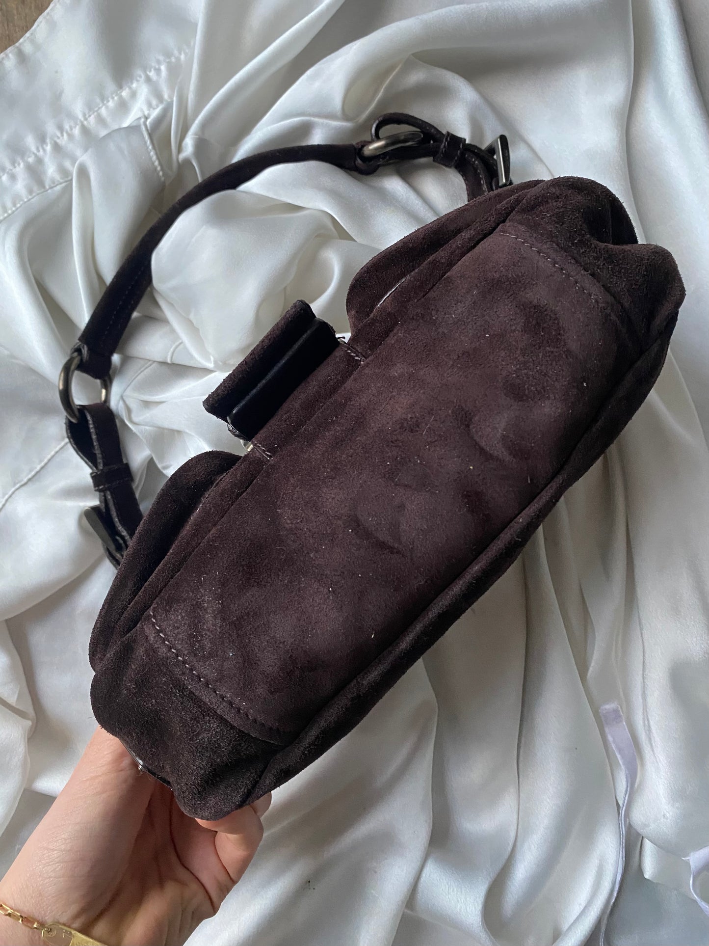 Prada buckle double pocket dark brown in camoscio