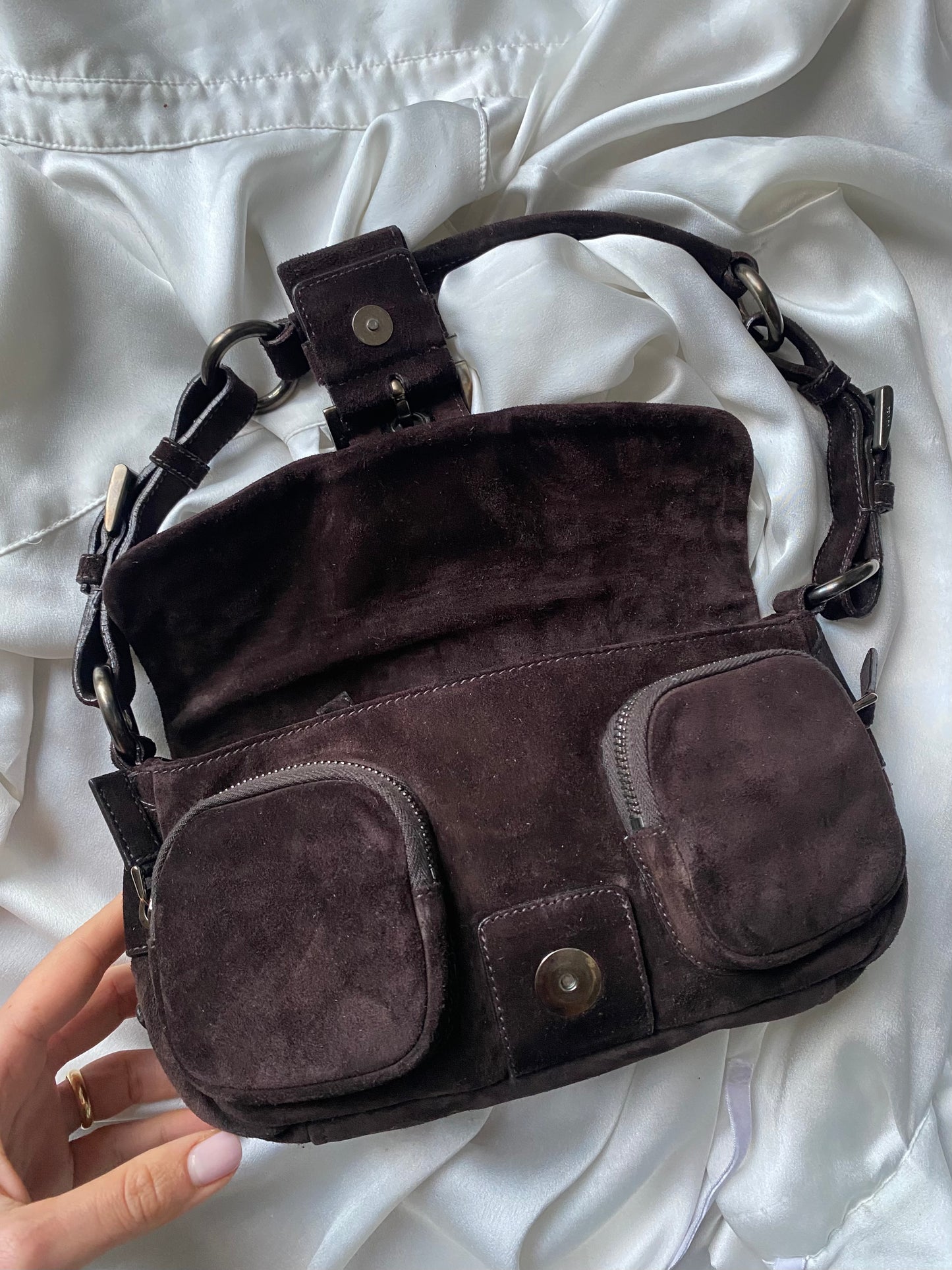 Prada buckle double pocket dark brown in camoscio