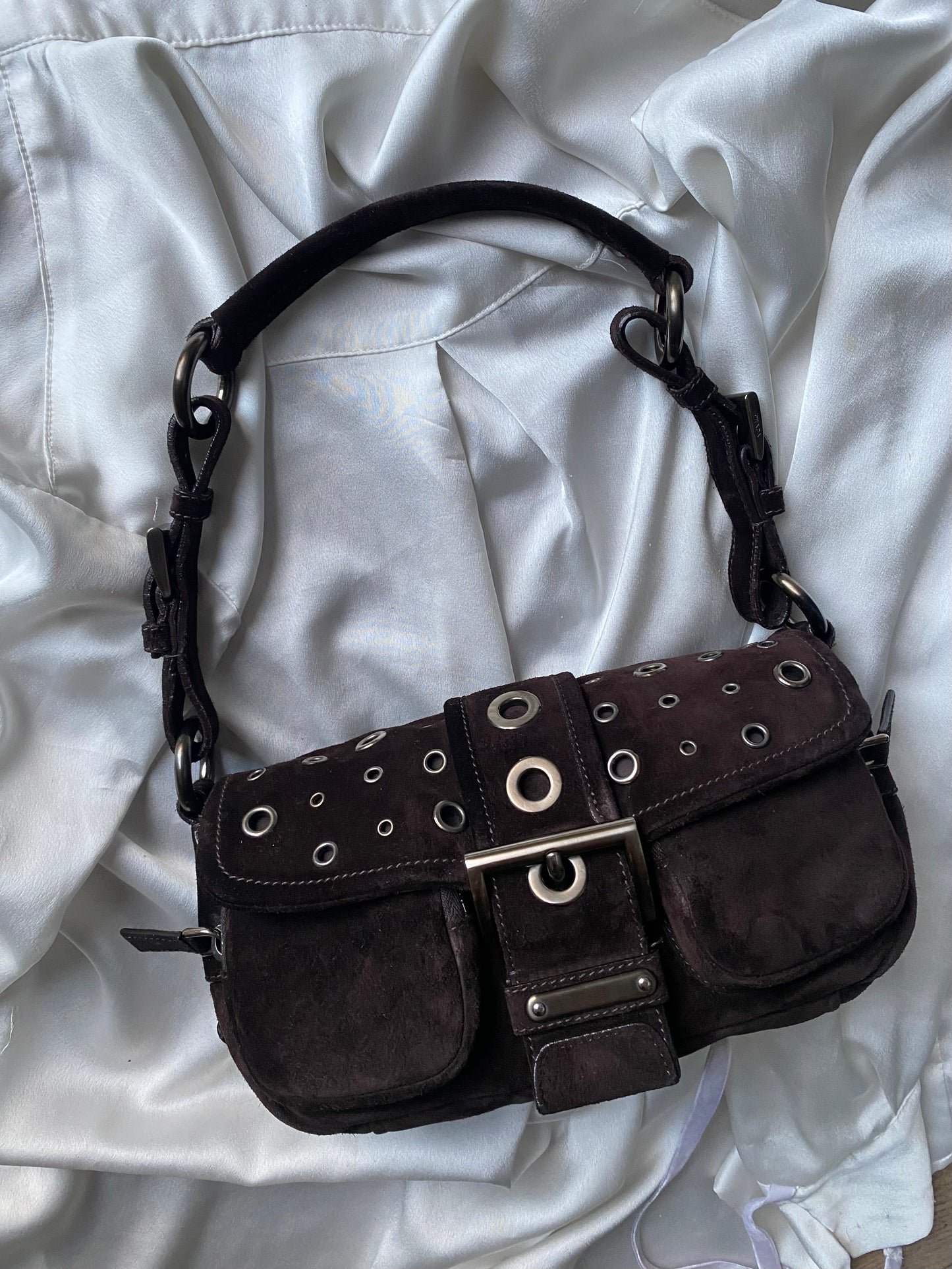 Prada buckle double pocket dark brown in camoscio
