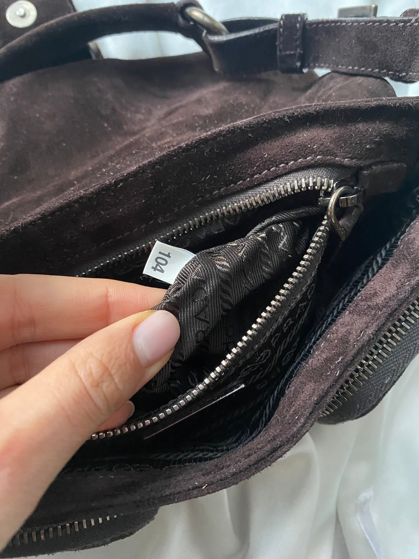 Prada buckle double pocket dark brown in camoscio