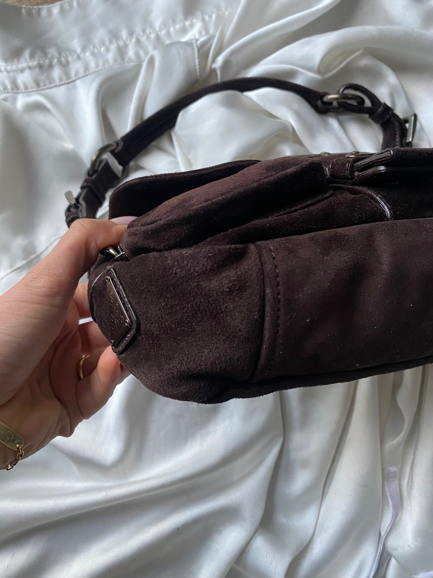 Prada buckle double pocket dark brown in camoscio