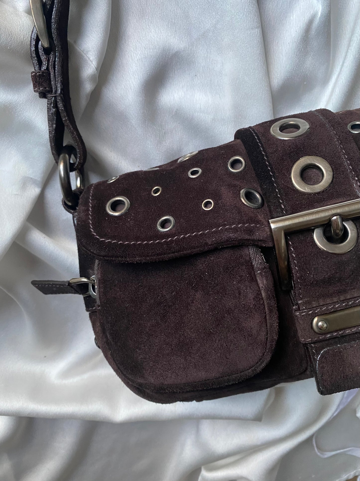 Prada buckle double pocket dark brown in camoscio