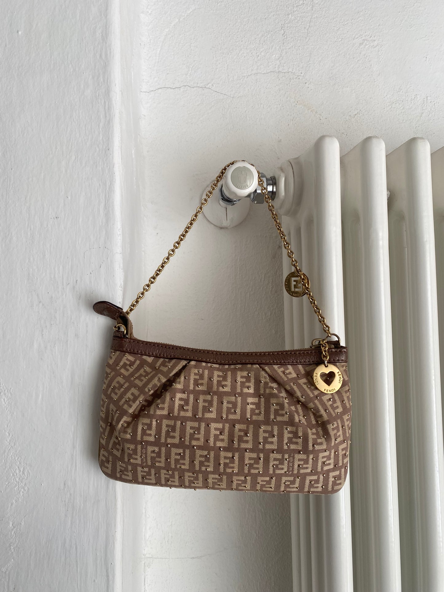 Fendi pochette gold charms monogram zucchino beige