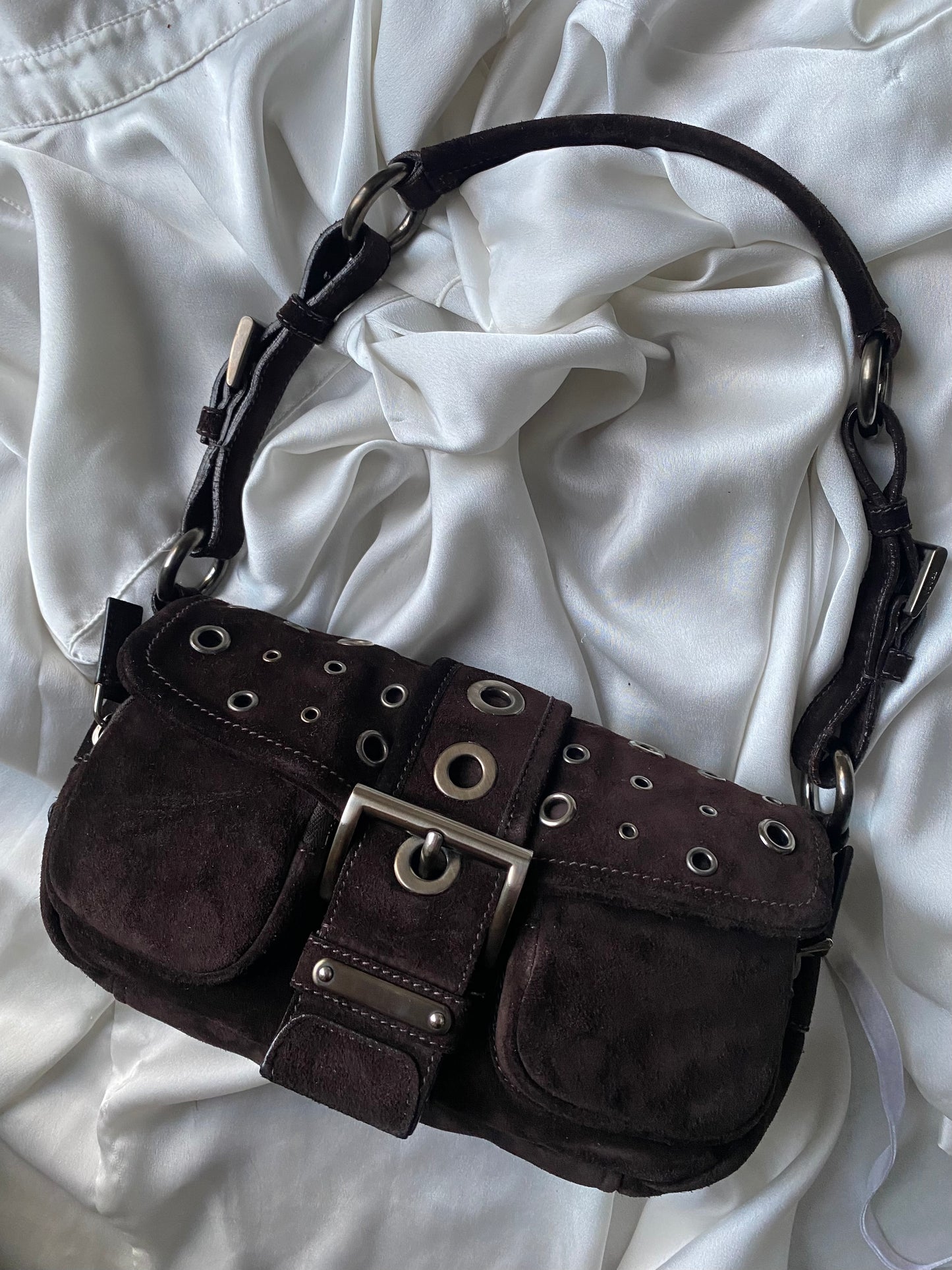 Prada buckle double pocket dark brown in camoscio
