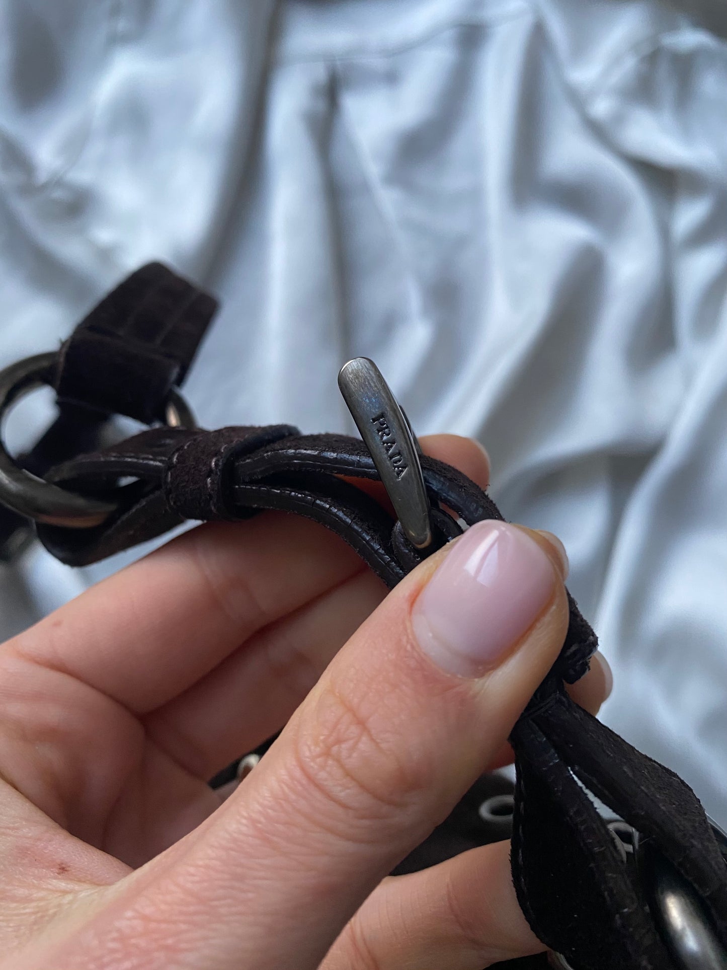 Prada buckle double pocket dark brown in camoscio