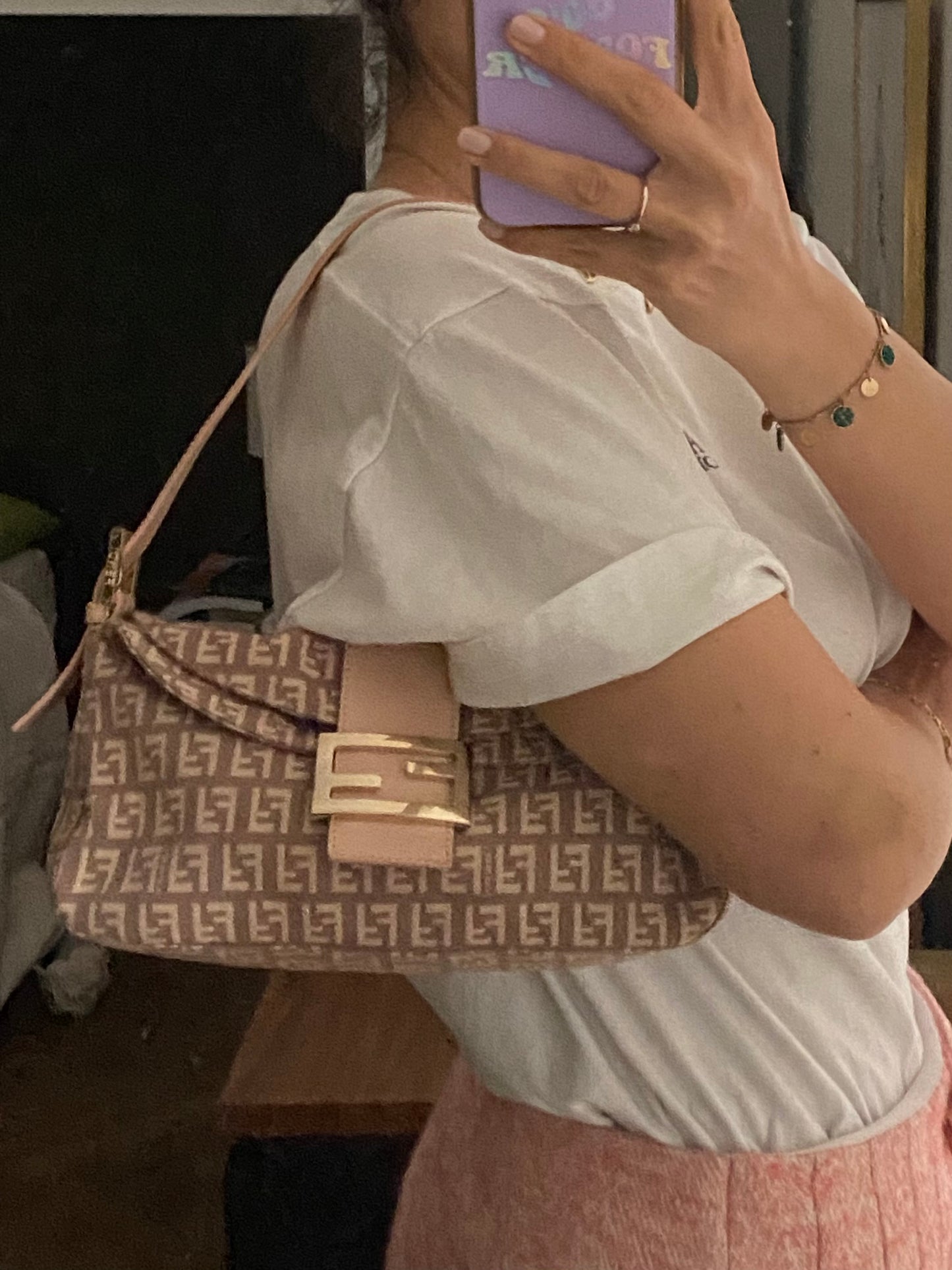 Fendi baguette double flap rosa e beige