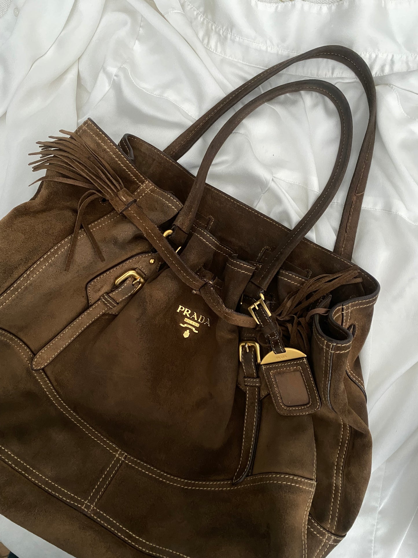 Prada slouchy chocolate suede bag