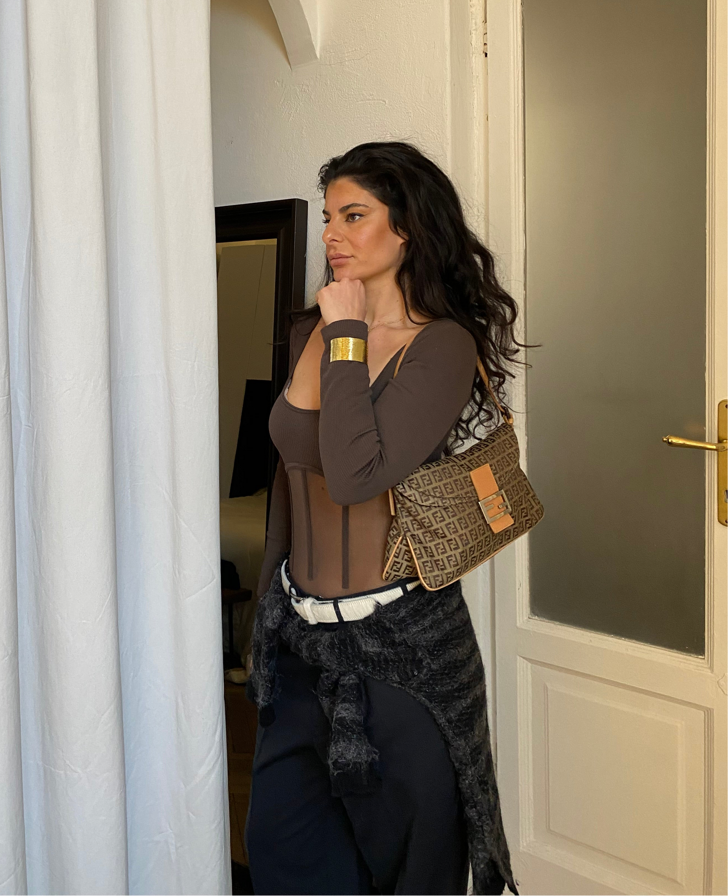 Fendi maxi baguette double flap soffietto zucchino beige