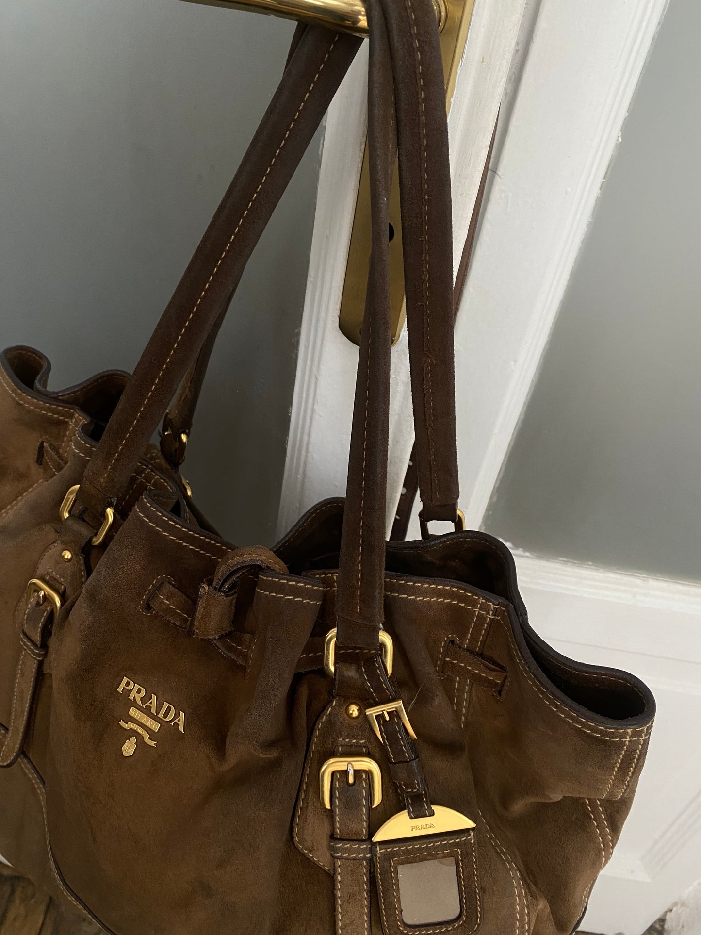 Prada slouchy chocolate suede bag